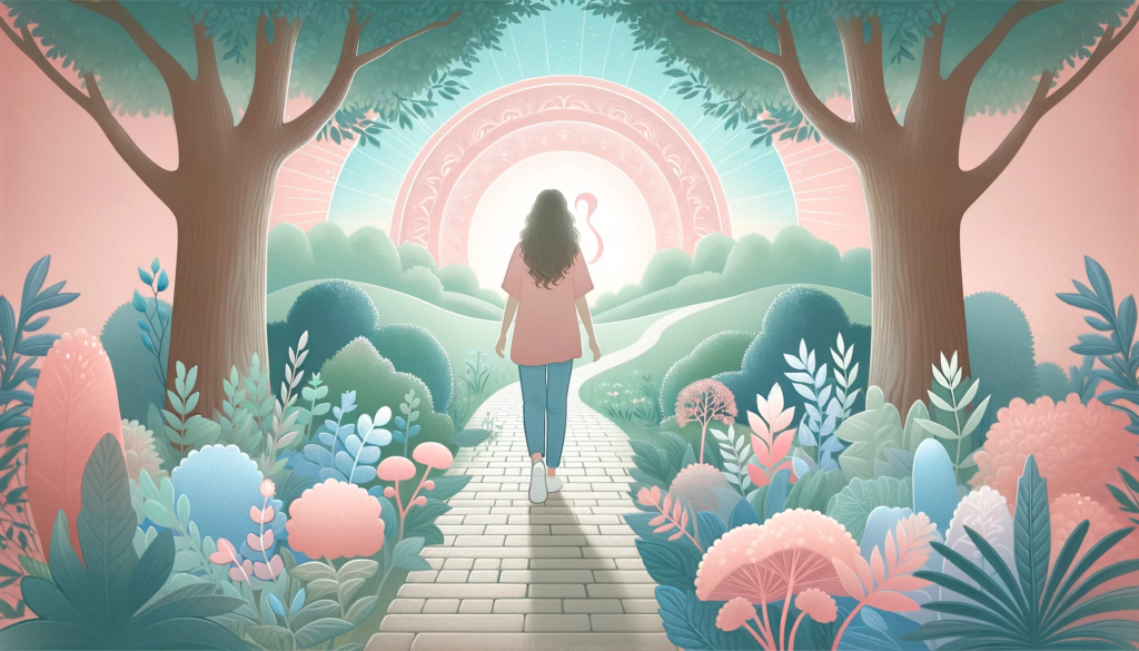 A woman walking through a tranquil garden path, symbolizing the healing journey after miscarriage. The image should convey a sense of peace and renewal, with soft pastel colors like light greens, pinks, and blues, representing the serenity of nature and the path to recovery.